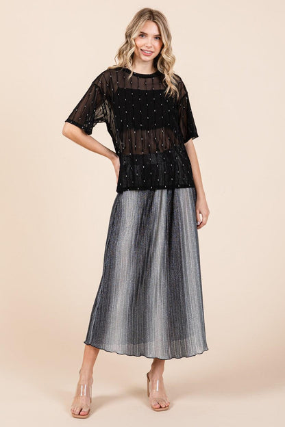 GeeGee Round Neck Drop Shoulder Mesh Glitter Top Carauana Store