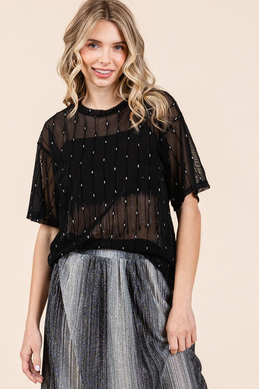 GeeGee Round Neck Drop Shoulder Mesh Glitter Top Carauana Store