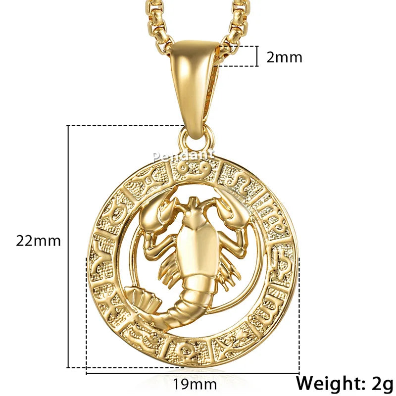 Gold Scorpio pendant necklace with measurements and weight details
