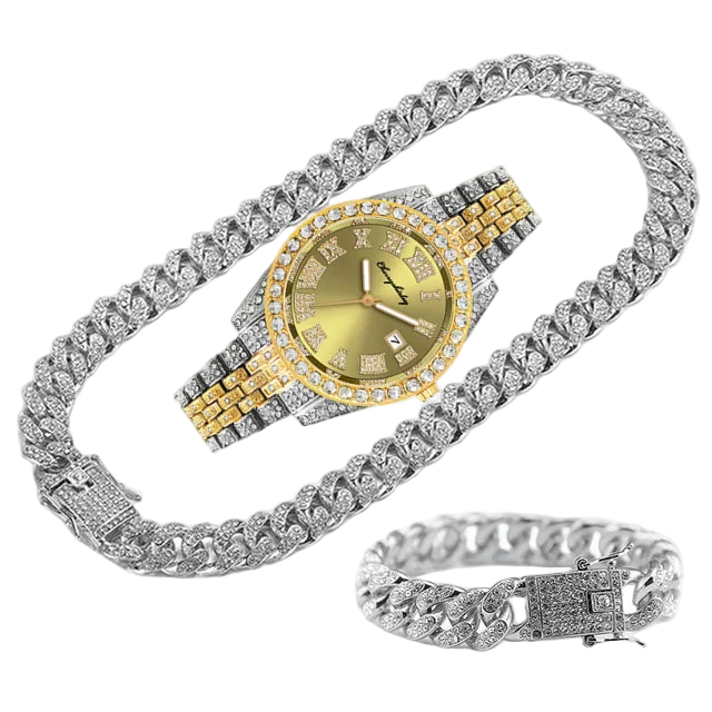 Gold and silver watch with a prominent diamond-studded band