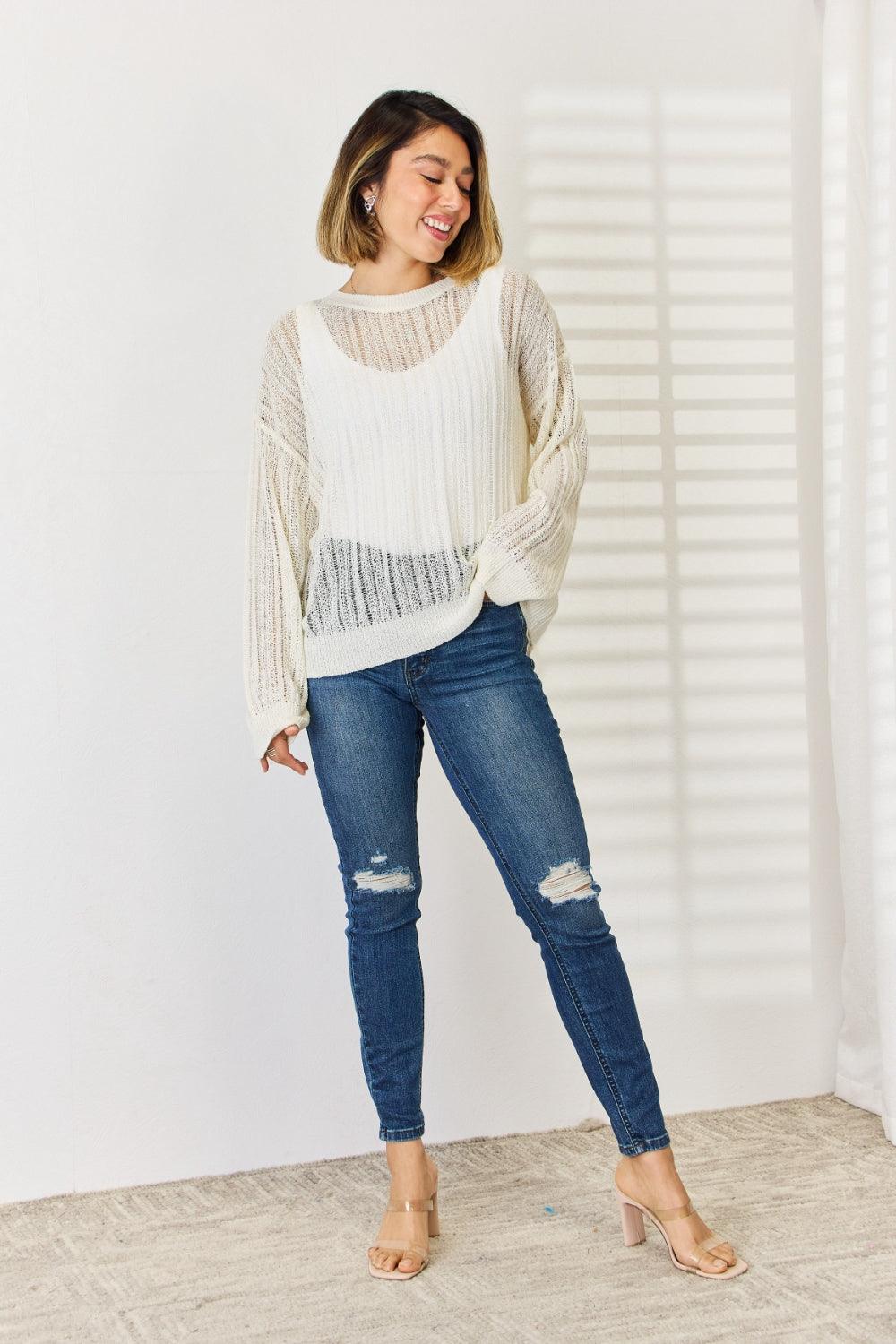 HYFVE Openwork Ribbed Trim Long Sleeve Knit Top Carauana Store