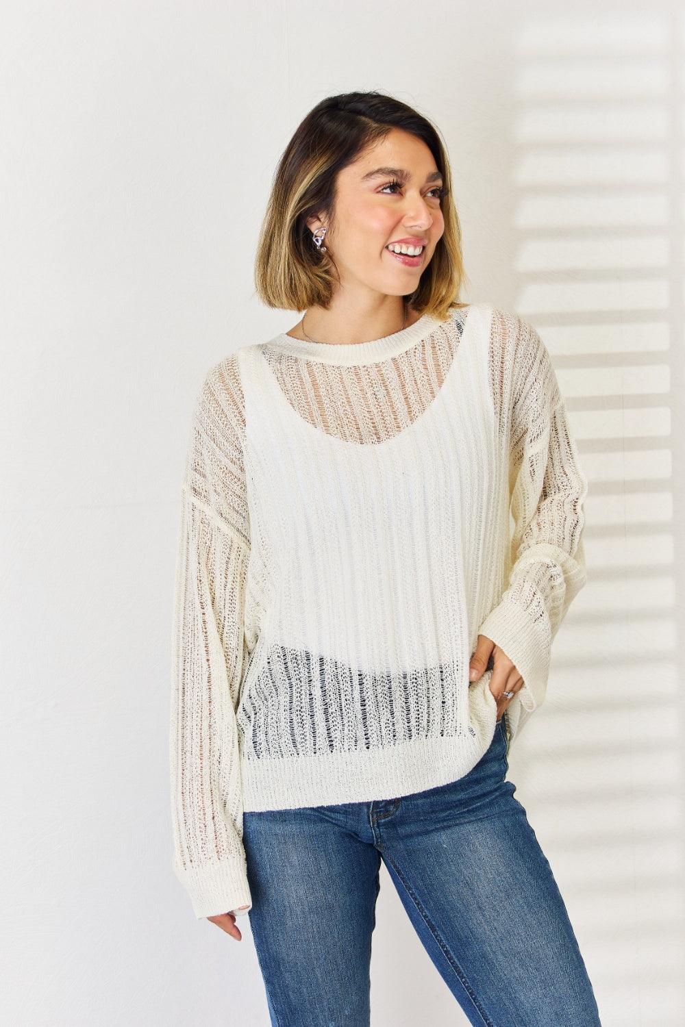 HYFVE Openwork Ribbed Trim Long Sleeve Knit Top Carauana Store