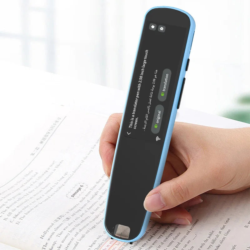 Hand holding a blue electronic device over printed text