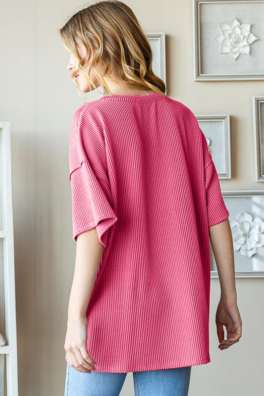 Heimish Full Size Ribbed Half Button Drop Shoulder Top Carauana Store