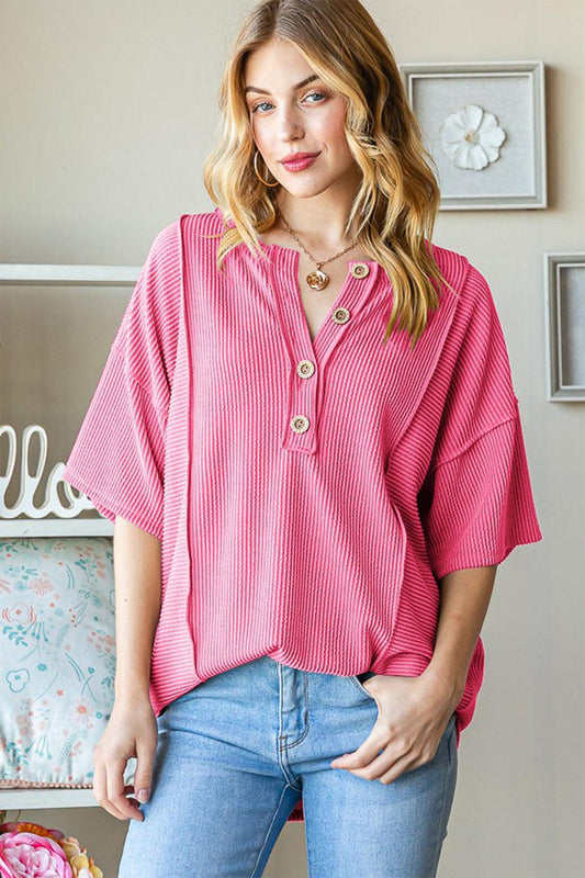 Heimish Full Size Ribbed Half Button Drop Shoulder Top Carauana Store