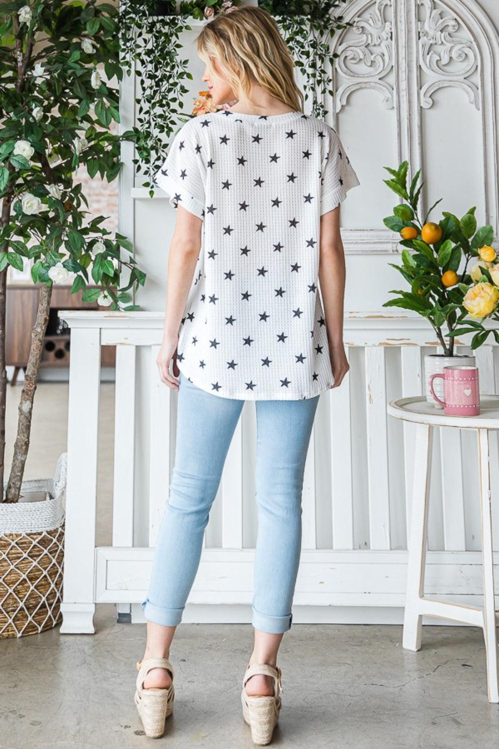 Heimish Full Size Star Print Short Sleeve V-Neck Waffle Knit T-Shirt Carauana Store