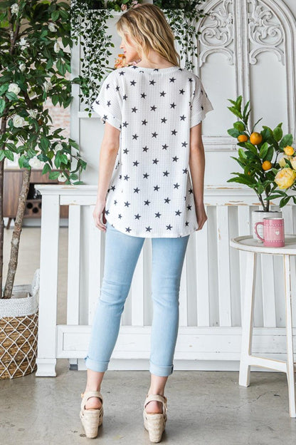 Heimish Full Size Star Print Short Sleeve V-Neck Waffle Knit T-Shirt Carauana Store