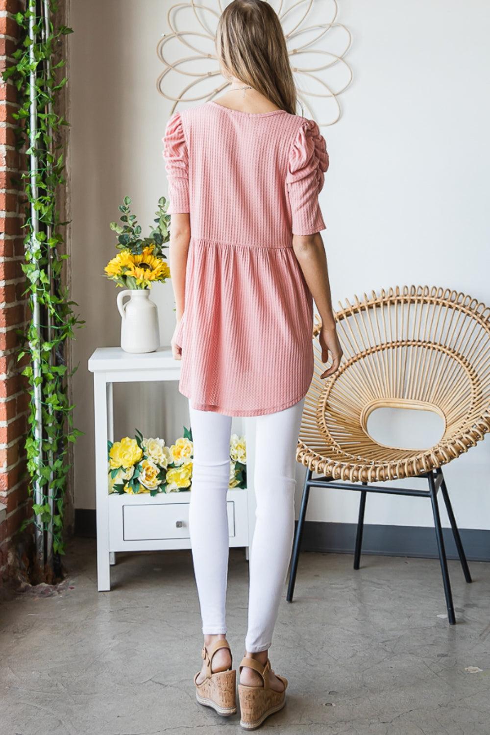 Heimish Full Size Waffle Knit V-Neck Babydoll Top Carauana Store