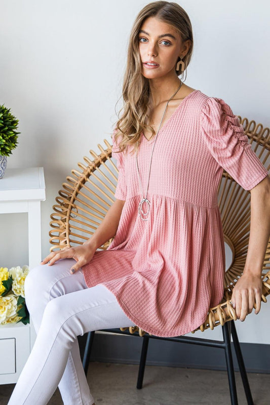 Heimish Full Size Waffle Knit V-Neck Babydoll Top Carauana Store