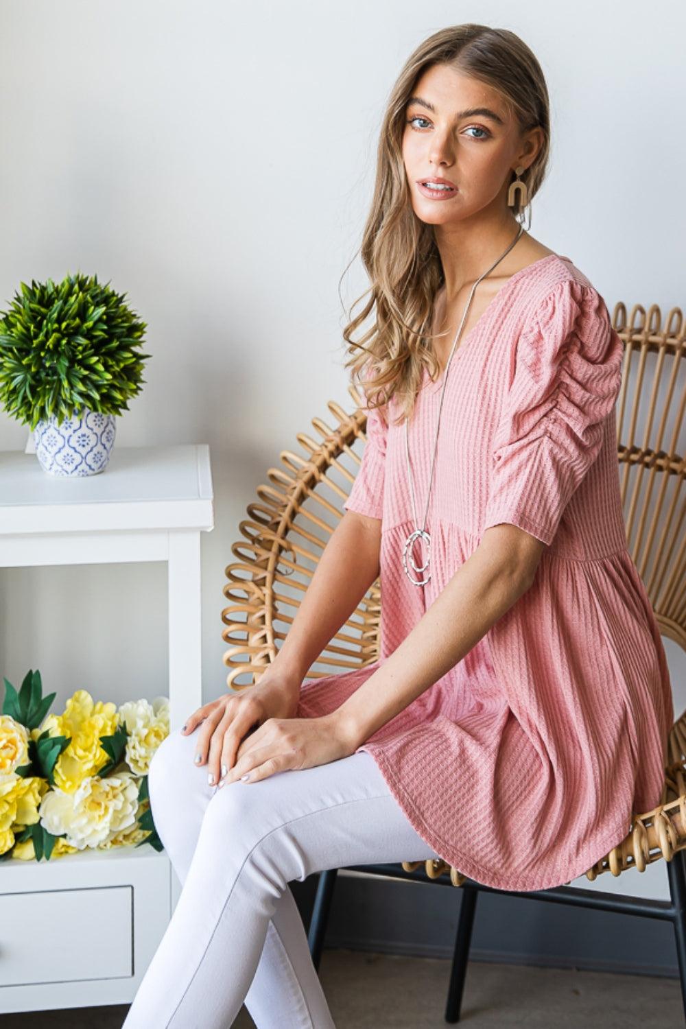 Heimish Full Size Waffle Knit V-Neck Babydoll Top Carauana Store