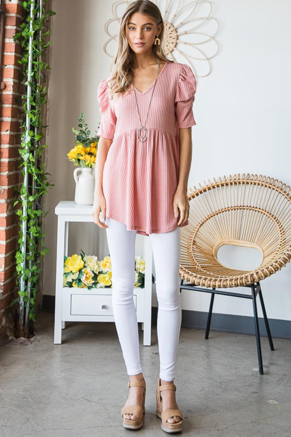 Heimish Full Size Waffle Knit V-Neck Babydoll Top Carauana Store