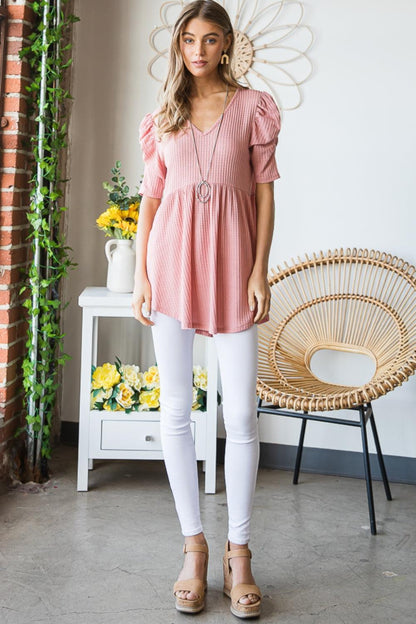 Heimish Full Size Waffle Knit V-Neck Babydoll Top Carauana Store