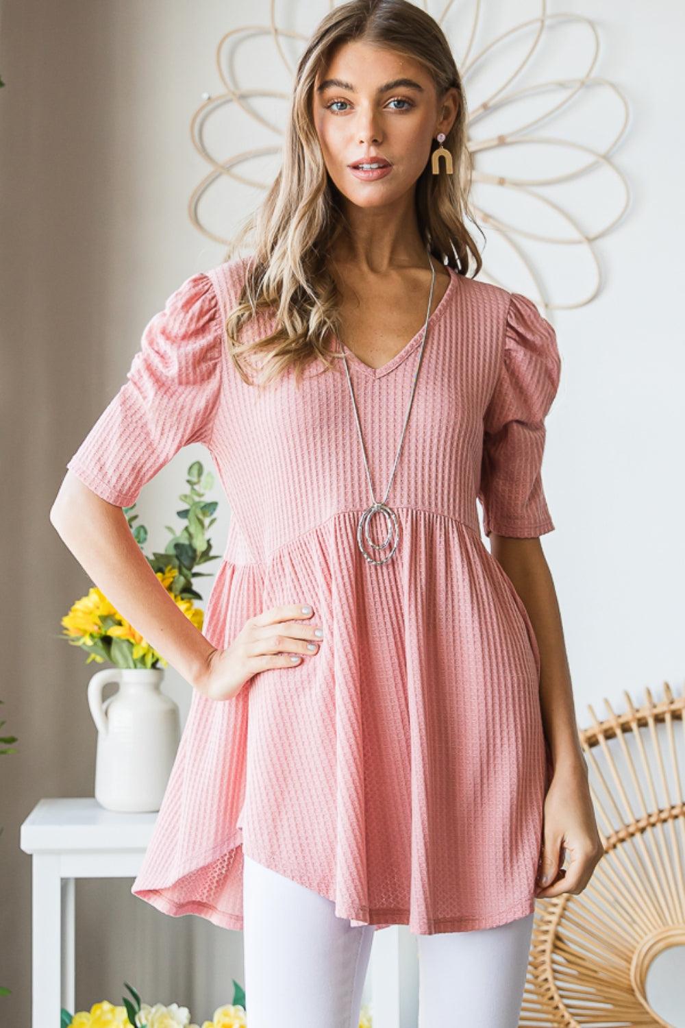 Heimish Full Size Waffle Knit V-Neck Babydoll Top Carauana Store