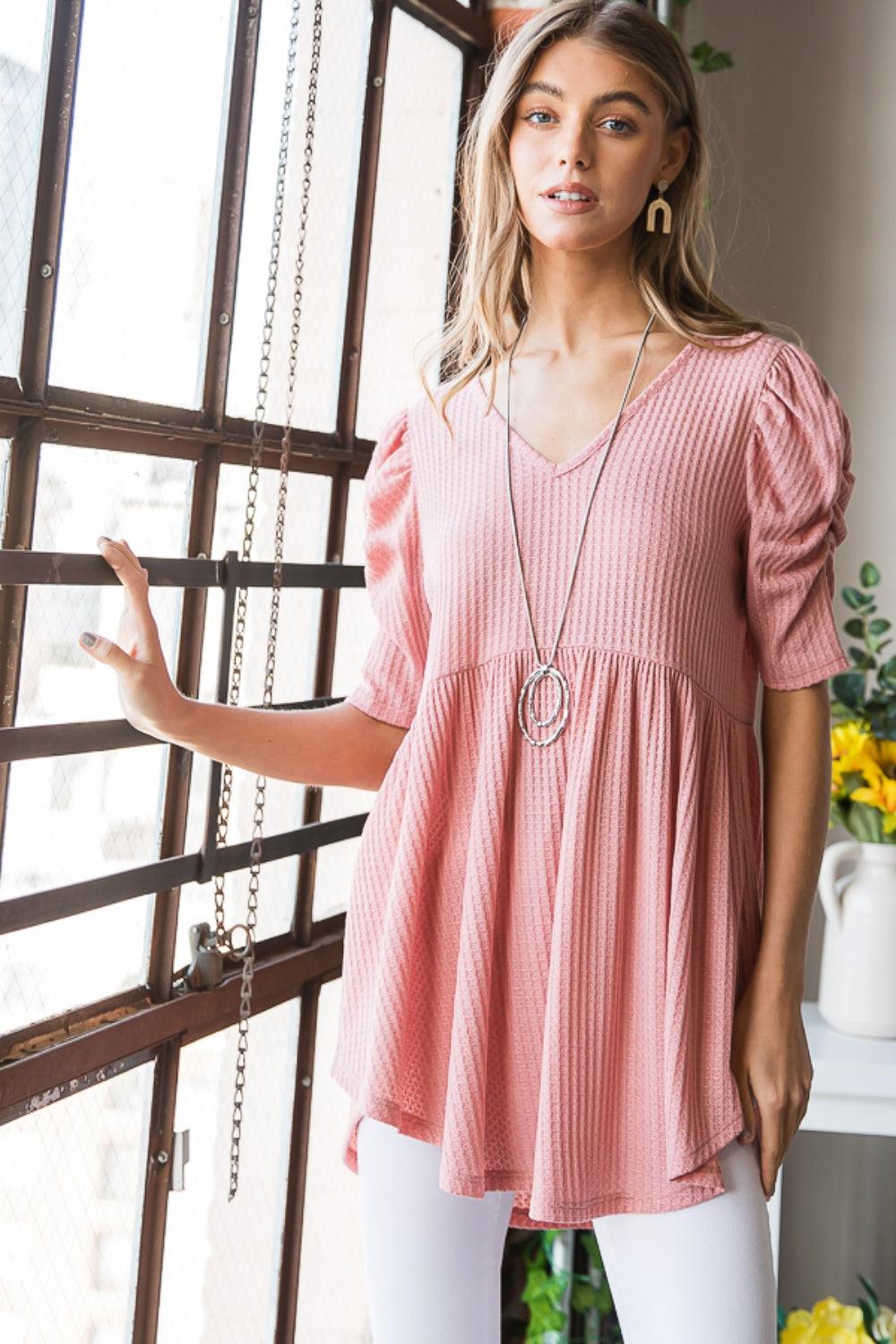 Heimish Full Size Waffle Knit V-Neck Babydoll Top Carauana Store