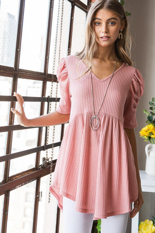 Heimish Full Size Waffle Knit V-Neck Babydoll Top Carauana Store