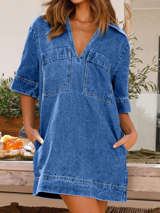 Johnny Collar Half Sleeve Denim Dress Carauana Store