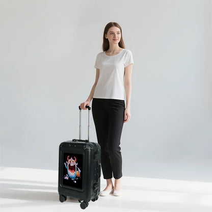 Woman standing with a black suitcase featuring a cartoon character on a light gray background