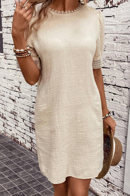 Lace Detail Round Neck Short Sleeve Mini Dress Carauana Store