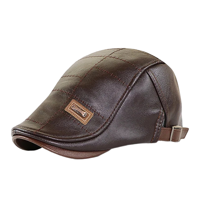 Brown leather cap with a visible brand logo on a white background
