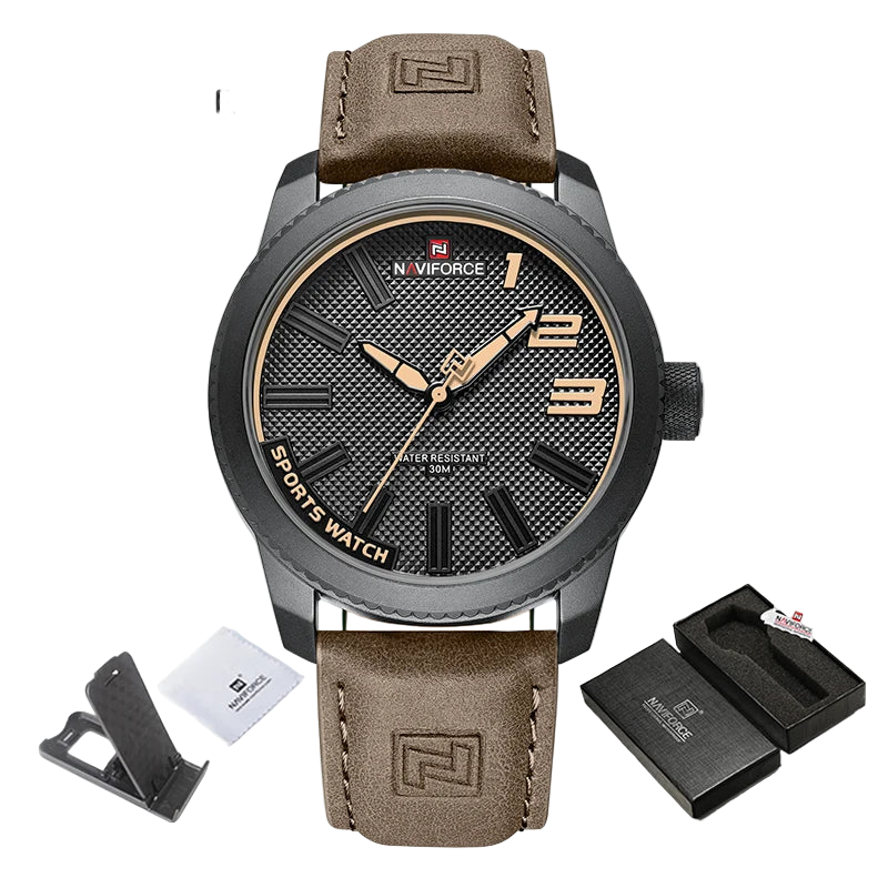 Naviforce watch with brown leather strap and packaging