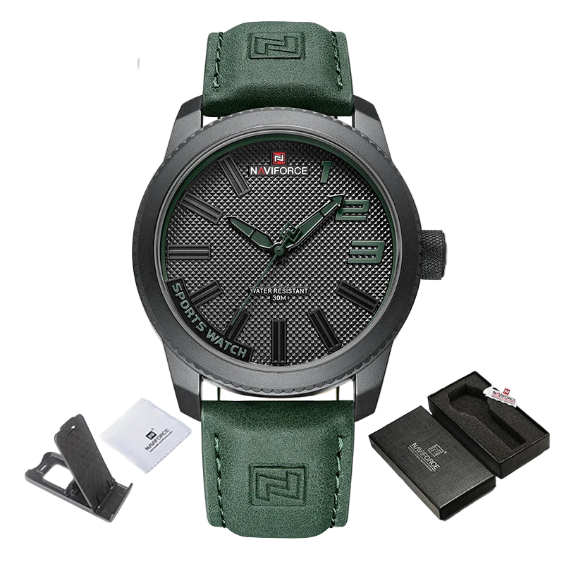 Naviforce watch with green leather strap and packaging