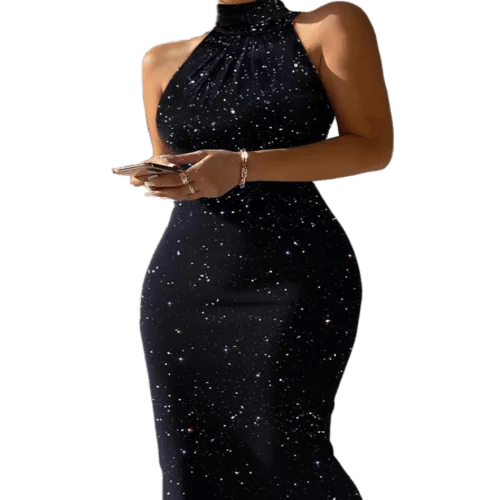 New Women Elegant Bodycon Mini Dress Glitter High Neck Sleeveless Bodycon Sexy Slim Fit Party Dress Carauana Store