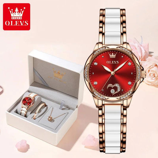 OLEVS Ceramic Band Automatic Self-Wind Watch | Fashionable & Durable with Diver Function and 5Bar Water Resistance Elegant Ladies Watch Set 6631 Carauana Store