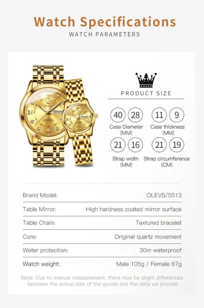 OLEVS Couple Watch Pair for Men and Women Stainless Steel Waterproof Men's Watches Luxury Gold Diamond Lover's Wristwatches 2023 Carauana Store