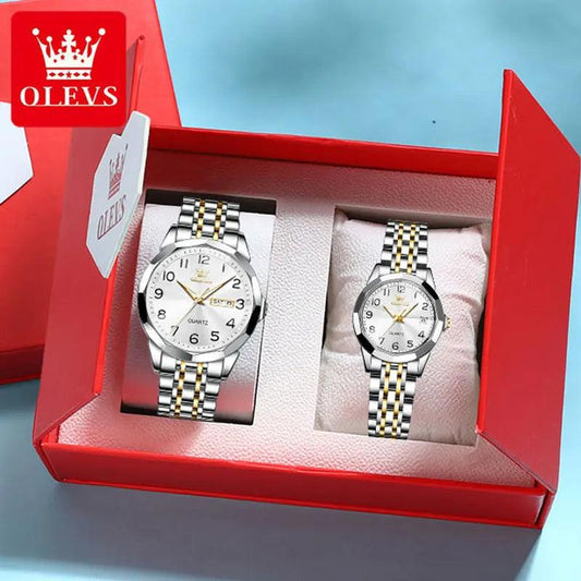 OLEVS Dance of Time: Stainless Steel Elegance with Eternal Calendars Couple's Watches Box Set Carauana Store