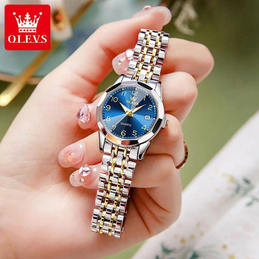 OLEVS Golden Watch for Women Luxury Elegant Rhombus Design Digital Dial Stainless Steel Strap Waterproof Calendar Clock Ladies Carauana Store