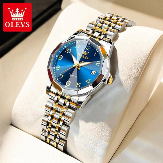 OLEVS Golden Watch for Women Luxury Elegant Rhombus Design Digital Dial Stainless Steel Strap Waterproof Calendar Clock Ladies Carauana Store