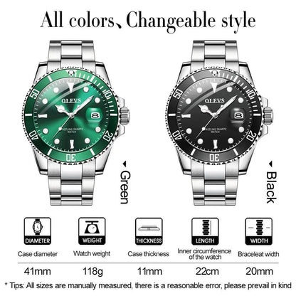 OLEVS Mens Watches Top Brand Luxury Fashion Waterproof Luminous Hand Green Dial Quartz Sports Wristwatch Gifts for Men Carauana Store