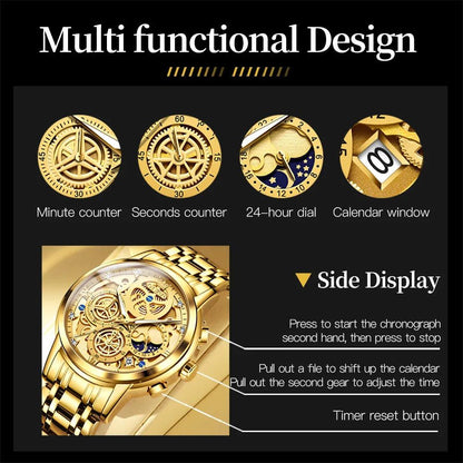 OLEVS Men's Watches Top Brand Luxury Original Waterproof Quartz Watch for Man Gold Skeleton Style 24 Hour Day Night New Carauana Store