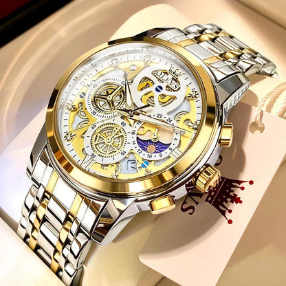 OLEVS Men's Watches Top Brand Luxury Original Waterproof Quartz Watch for Man Gold Skeleton Style 24 Hour Day Night New Carauana Store