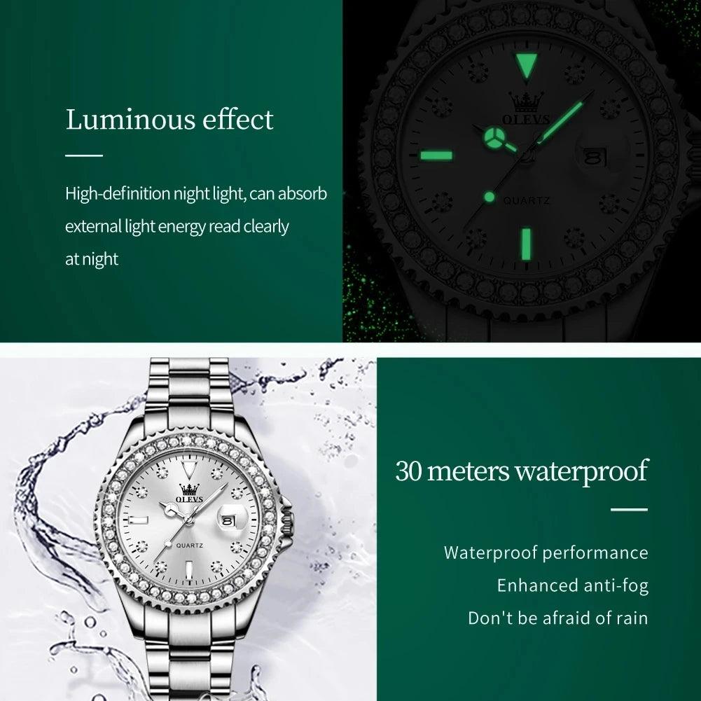 OLEVS Original Diamond Dial Quartz Watch for Women Fashion Elegant Ladies Watches Stainless Steel Waterproof Women's Wristwatch Carauana Store