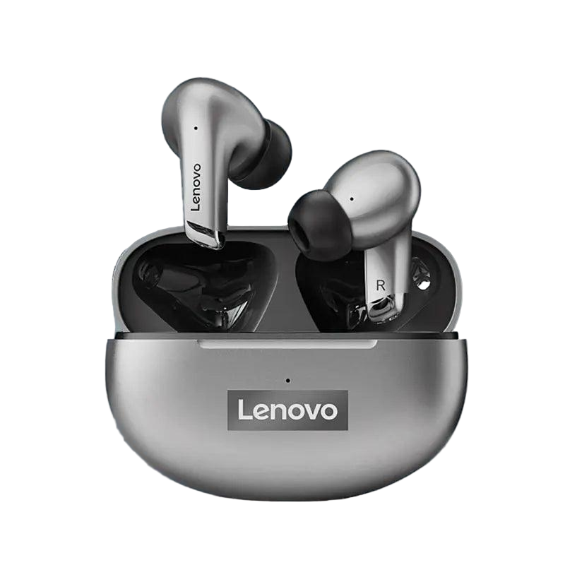 Lenovo wireless earbuds with charging case on a white background