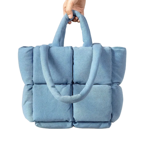 Padded Denim Puffer Shoulder Tote Bag