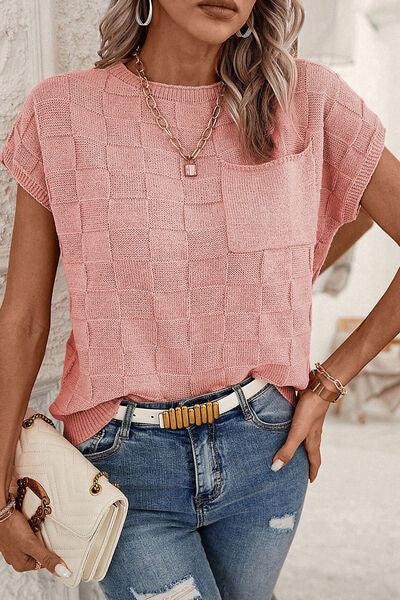 Plaid Pocketed Round Neck Sweater Carauana Store