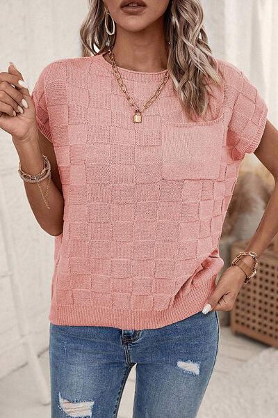 Plaid Pocketed Round Neck Sweater Carauana Store