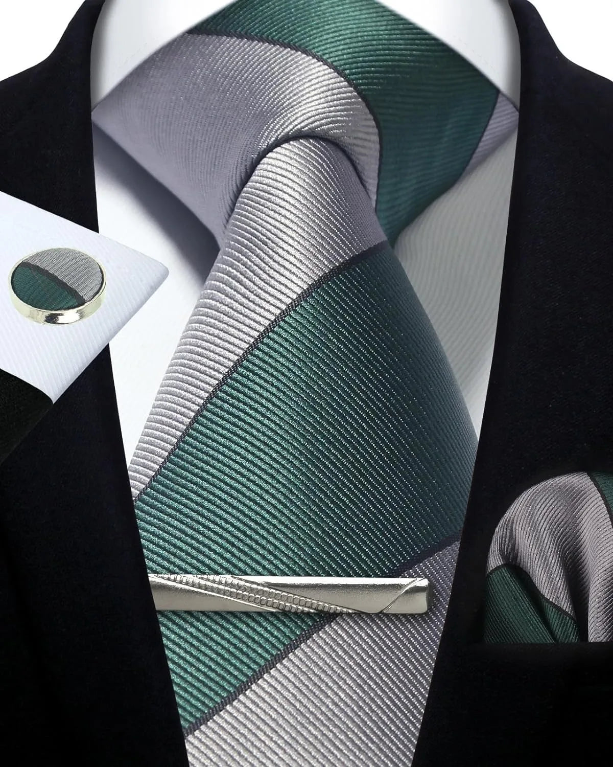 Green and gray striped tie with matching cufflinks on a black background