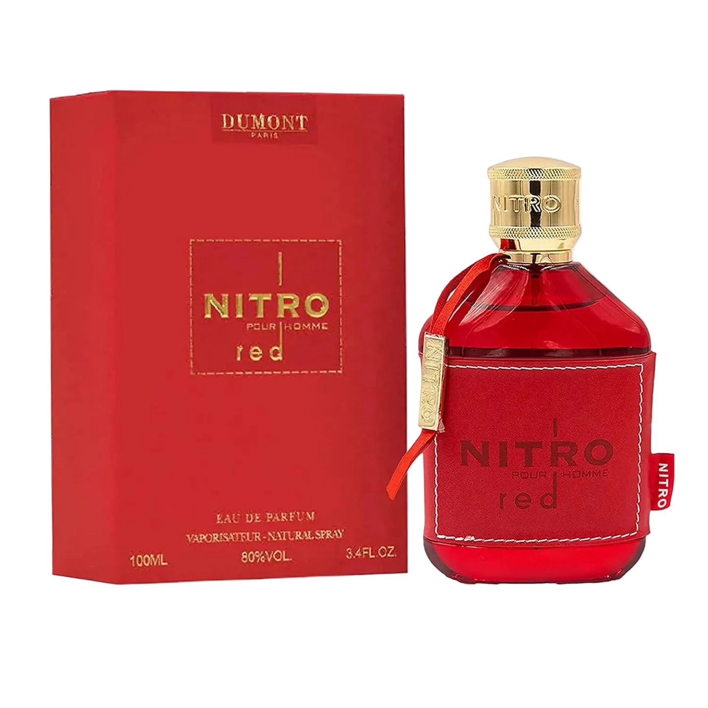 Red Nitro perfume bottle with gold cap and matching red box