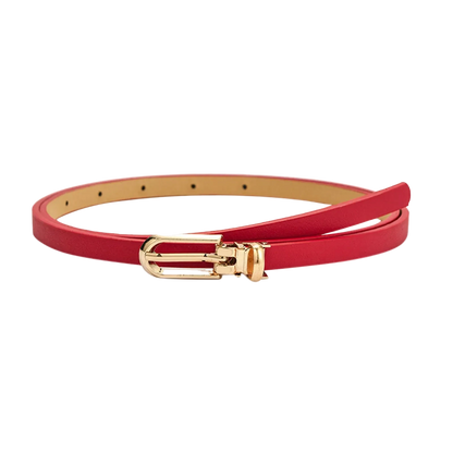 Red belt with a gold buckle