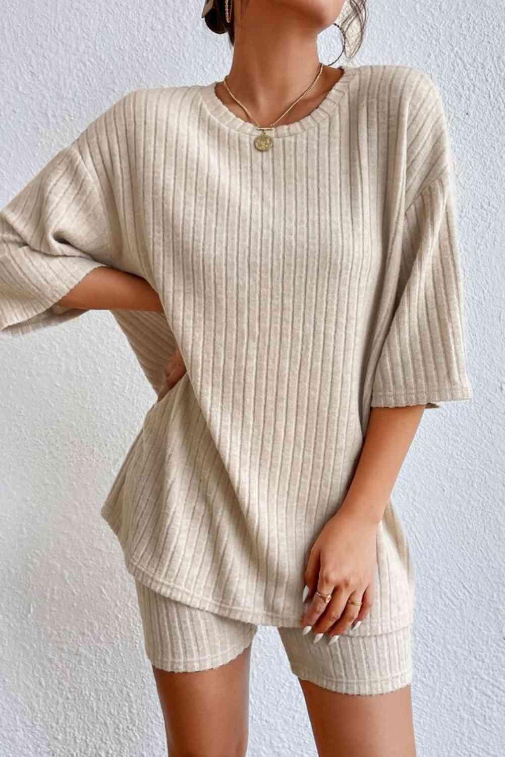 Round Neck Ribbed Top and Shorts Lounge Set Carauana Store