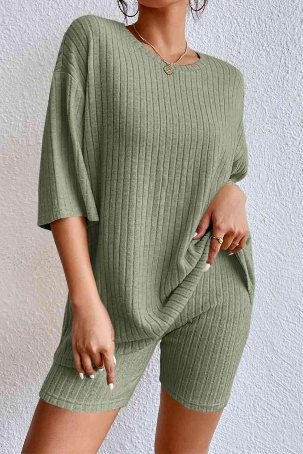 Round Neck Ribbed Top and Shorts Lounge Set Carauana Store
