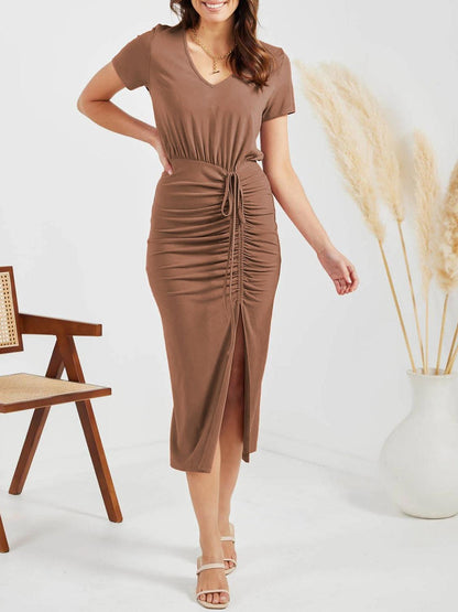 Ruched Slit V-Neck Short Sleeve Dress Carauana Store