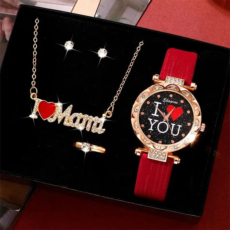Set of 'I Love You' necklace and watch on a black box