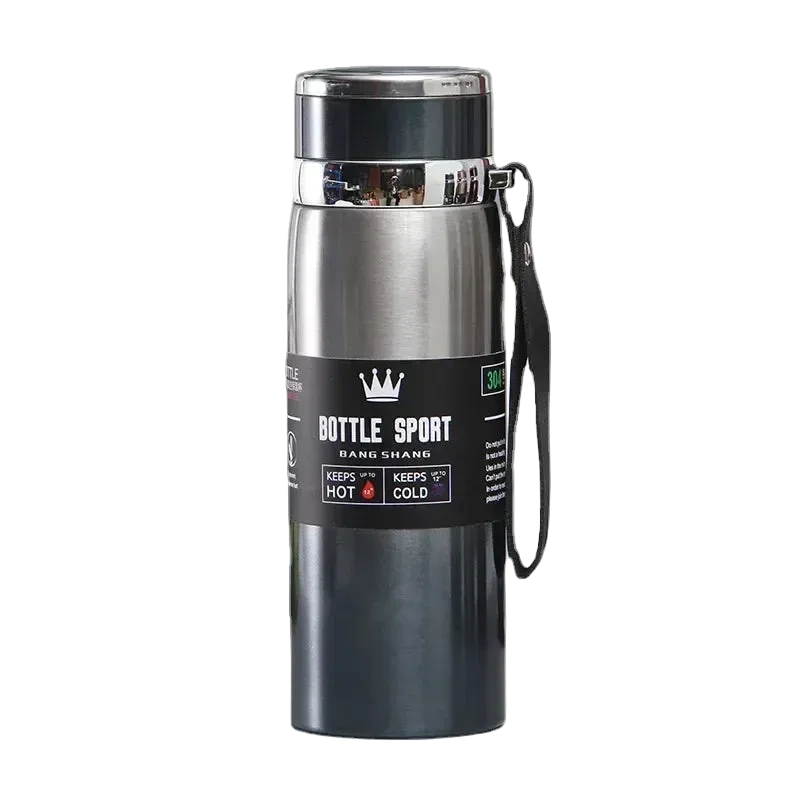 Silver insulated bottle with black label
