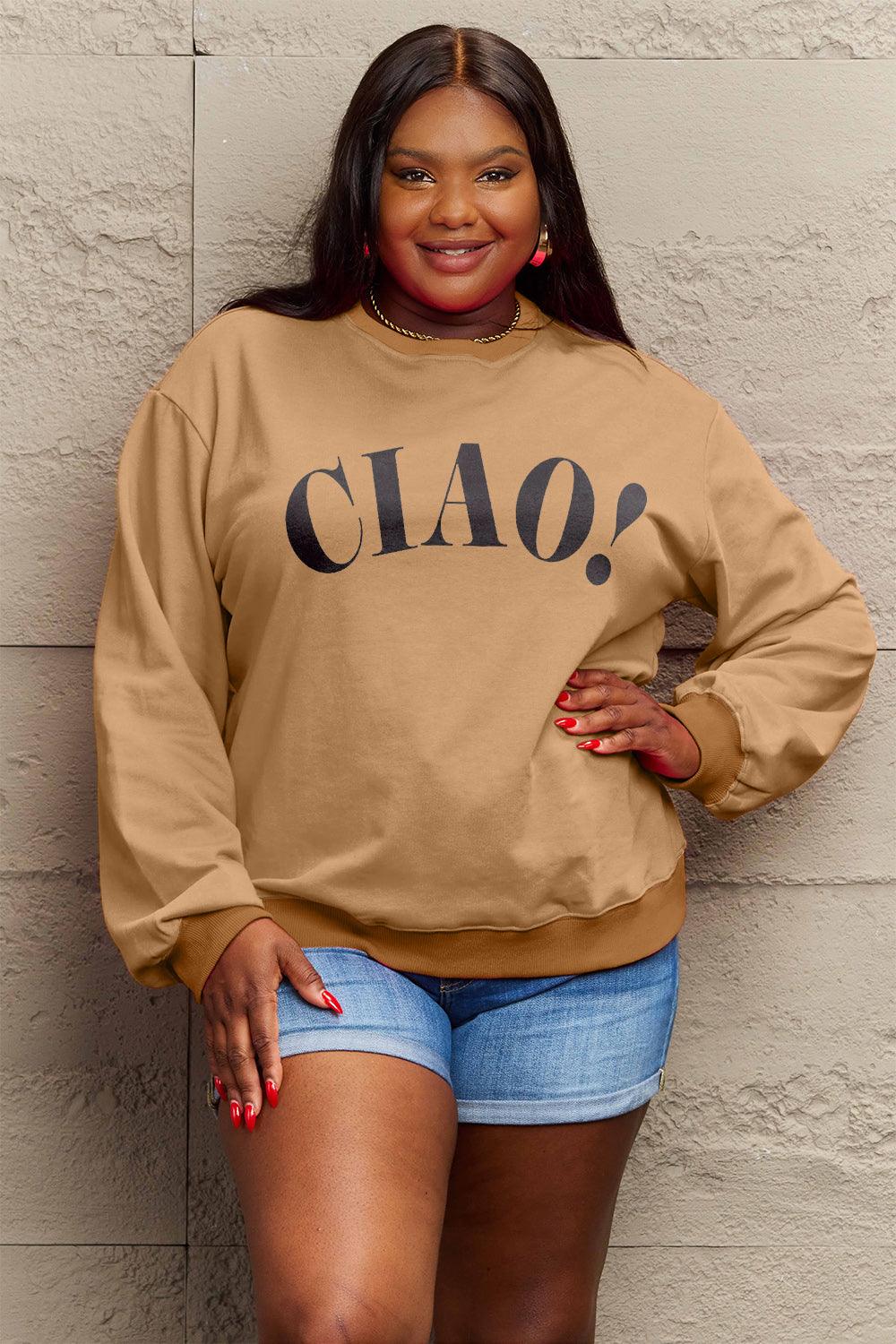 Simply Love Full Size CIAO！Round Neck Sweatshirt Carauana Store