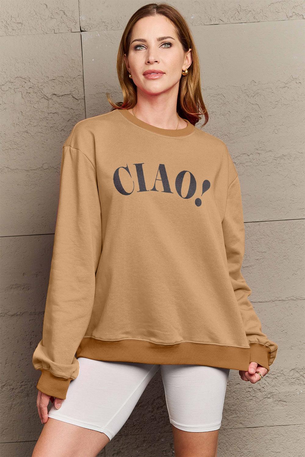 Simply Love Full Size CIAO！Round Neck Sweatshirt Carauana Store