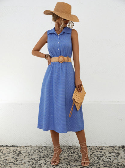 Striped Collared Neck Sleeveless Midi Dress Carauana Store